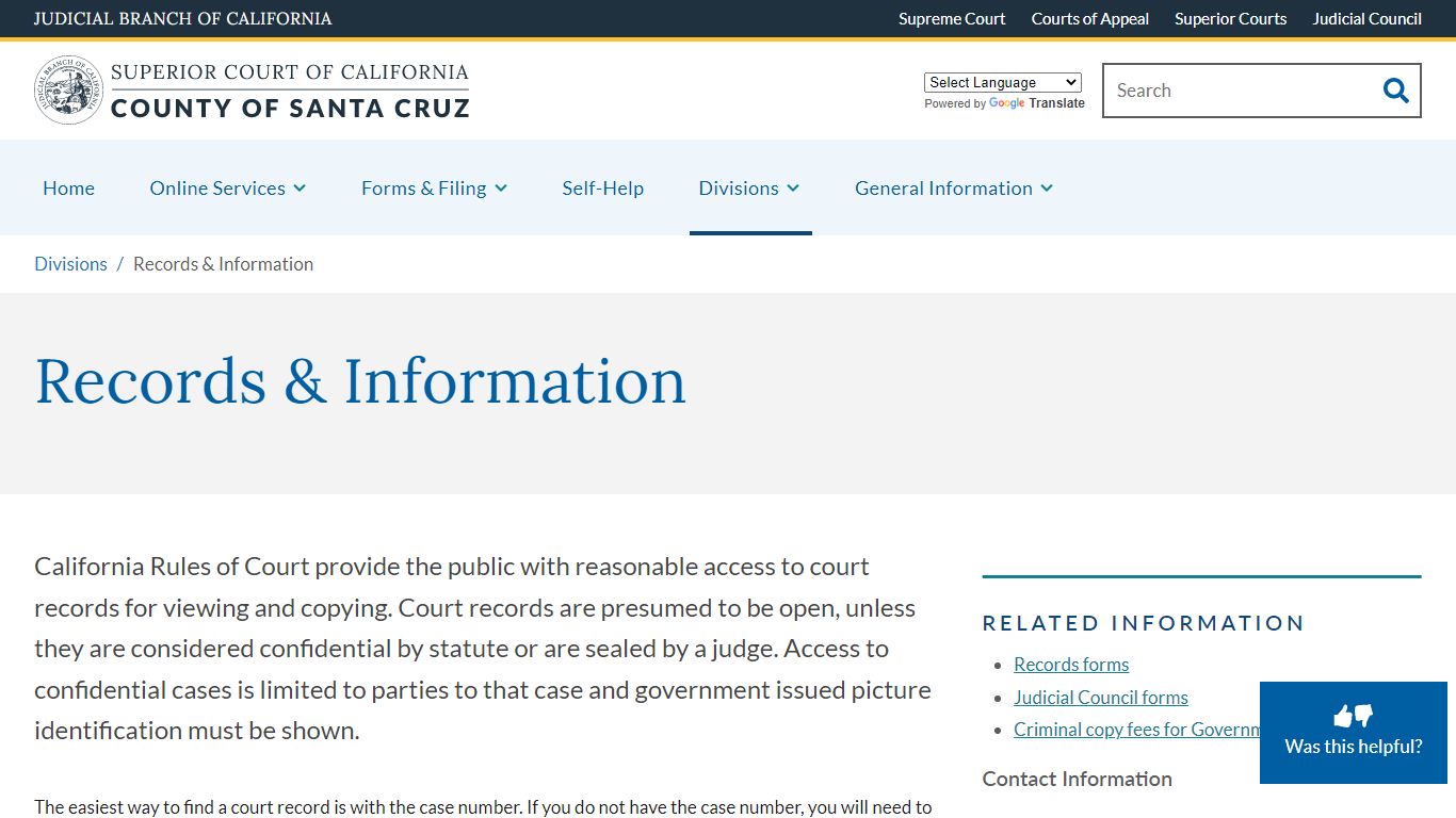 Records & Information | Superior Court of California | County of Santa Cruz